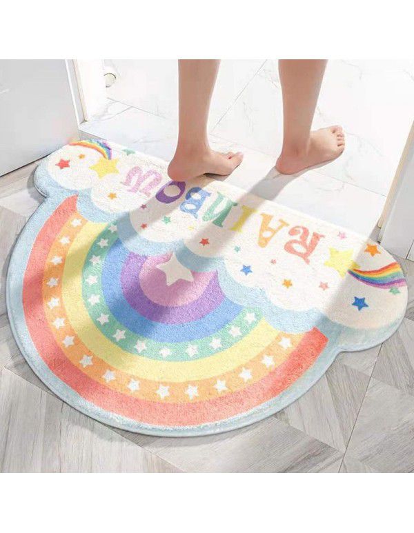 Semi round rainbow cartoon crystal cashmere imitation carpet Non slip foot mat at the entrance of bathroom Water absorbing floor mat