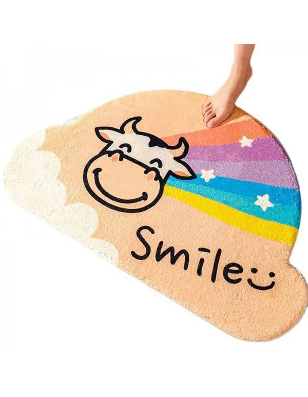 Semi round rainbow cartoon crystal cashmere imitation carpet Non slip foot mat at the entrance of bathroom Water absorbing floor mat