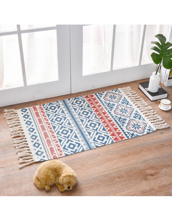 Nordic light luxury cotton woven floor mat fabric printed tassel floor mat household living room bedroom bedside mat carpet