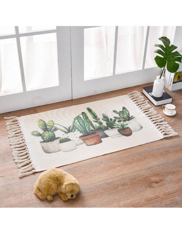 Nordic light luxury cotton woven floor mat fabric printed tassel floor mat household living room bedroom bedside mat carpet