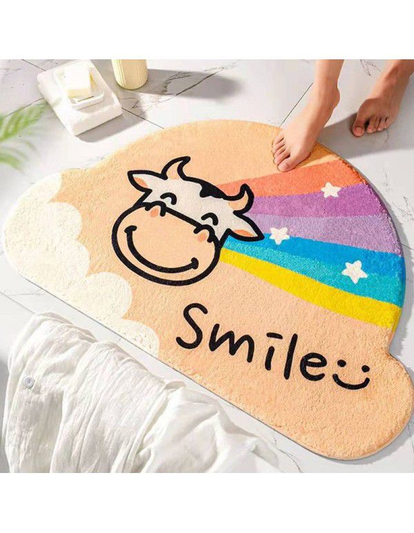 Semi round rainbow cartoon crystal cashmere imitation carpet Non slip foot mat at the entrance of bathroom Water absorbing floor mat