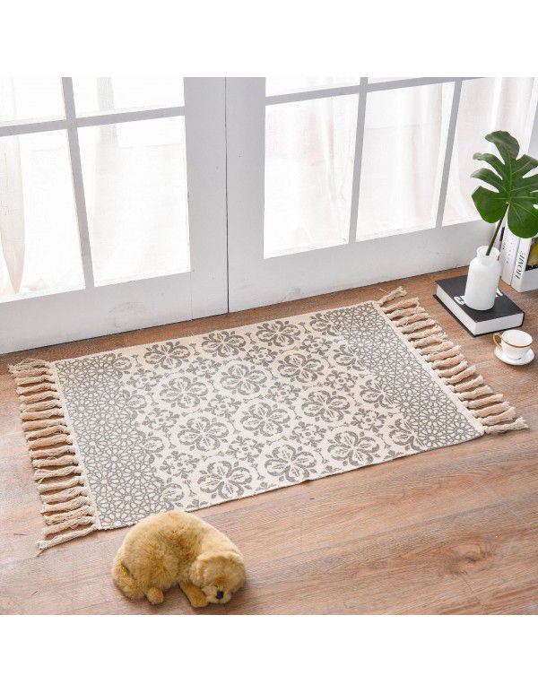 Nordic light luxury cotton woven floor mat fabric printed tassel floor mat household living room bedroom bedside mat carpet