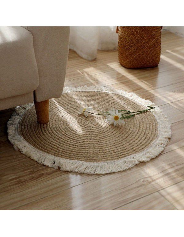 Nordic cotton and linen woven tassel floor mat rope woven French window carpet home stay decoration study teahouse tea table mat round