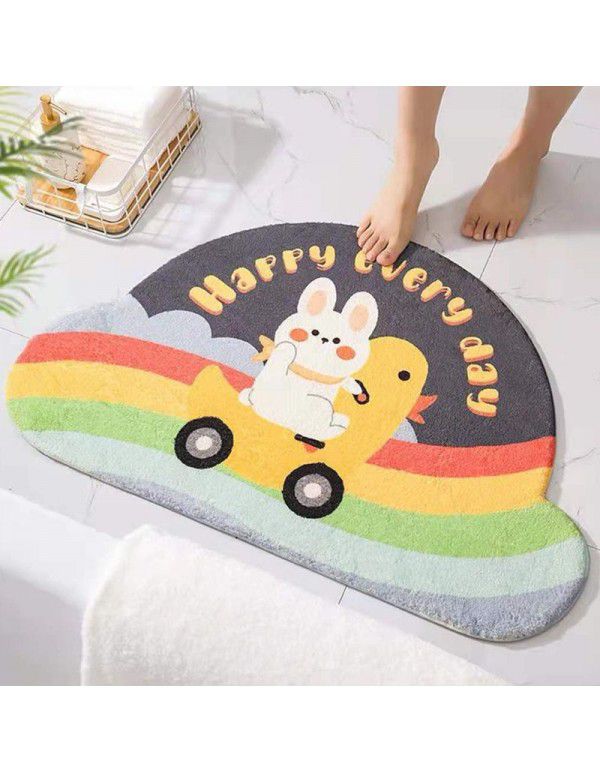 Semi round rainbow cartoon crystal cashmere imitation carpet Non slip foot mat at the entrance of bathroom Water absorbing floor mat