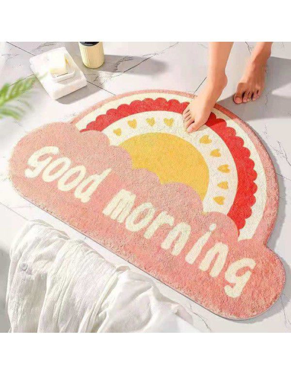 Semi round rainbow cartoon crystal cashmere imitation carpet Non slip foot mat at the entrance of bathroom Water absorbing floor mat