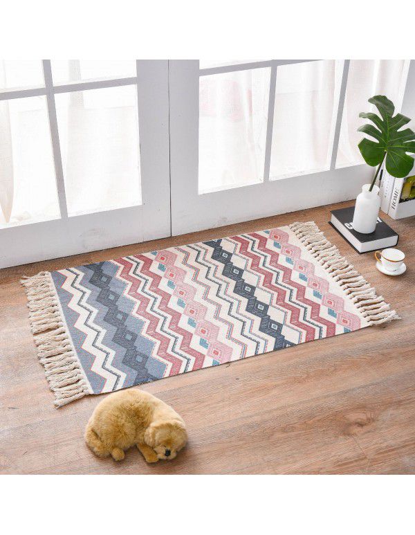 Nordic light luxury cotton woven floor mat fabric printed tassel floor mat household living room bedroom bedside mat carpet