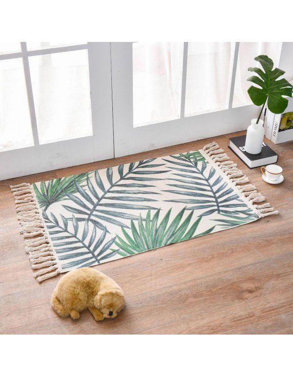 Nordic light luxury cotton woven floor mat fabric printed tassel floor mat household living room bedroom bedside mat carpet