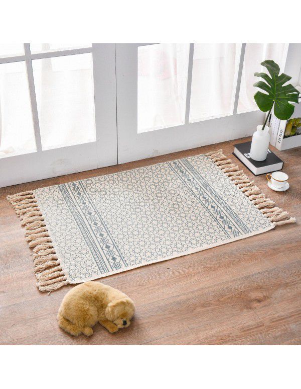 Nordic light luxury cotton woven floor mat fabric printed tassel floor mat household living room bedroom bedside mat carpet