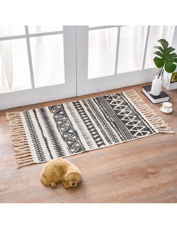 Nordic light luxury cotton woven floor mat fabric printed tassel floor mat household living room bedroom bedside mat carpet