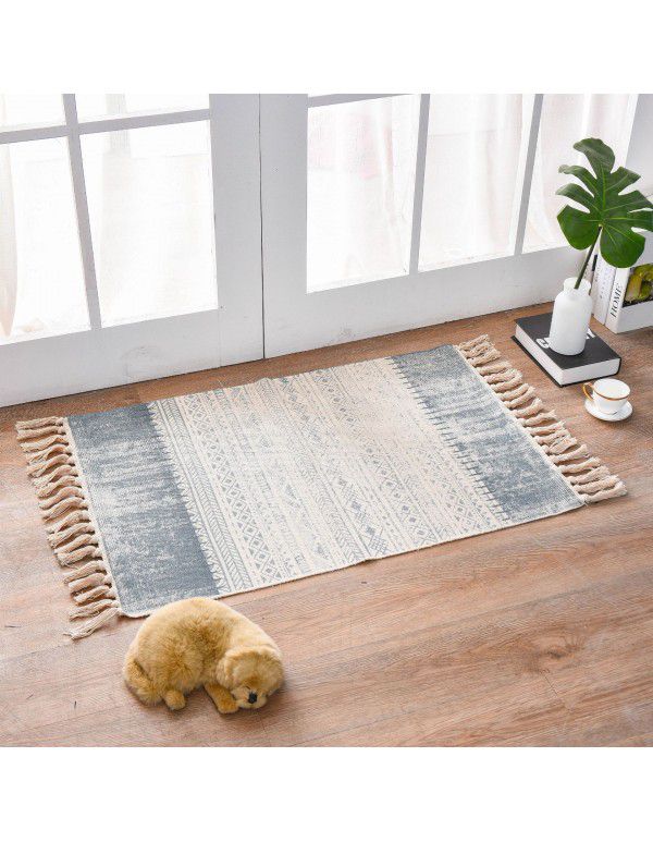 Nordic light luxury cotton woven floor mat fabric printed tassel floor mat household living room bedroom bedside mat carpet