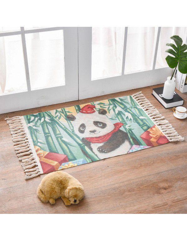 Nordic light luxury cotton woven floor mat fabric printed tassel floor mat household living room bedroom bedside mat carpet